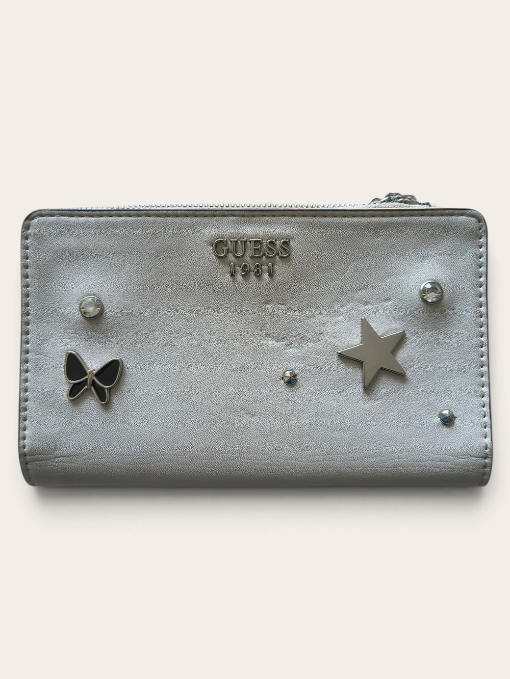 GUESS Women’s Beige Bifold Wallet Zip Coin Purse Card Holder Rhinestone